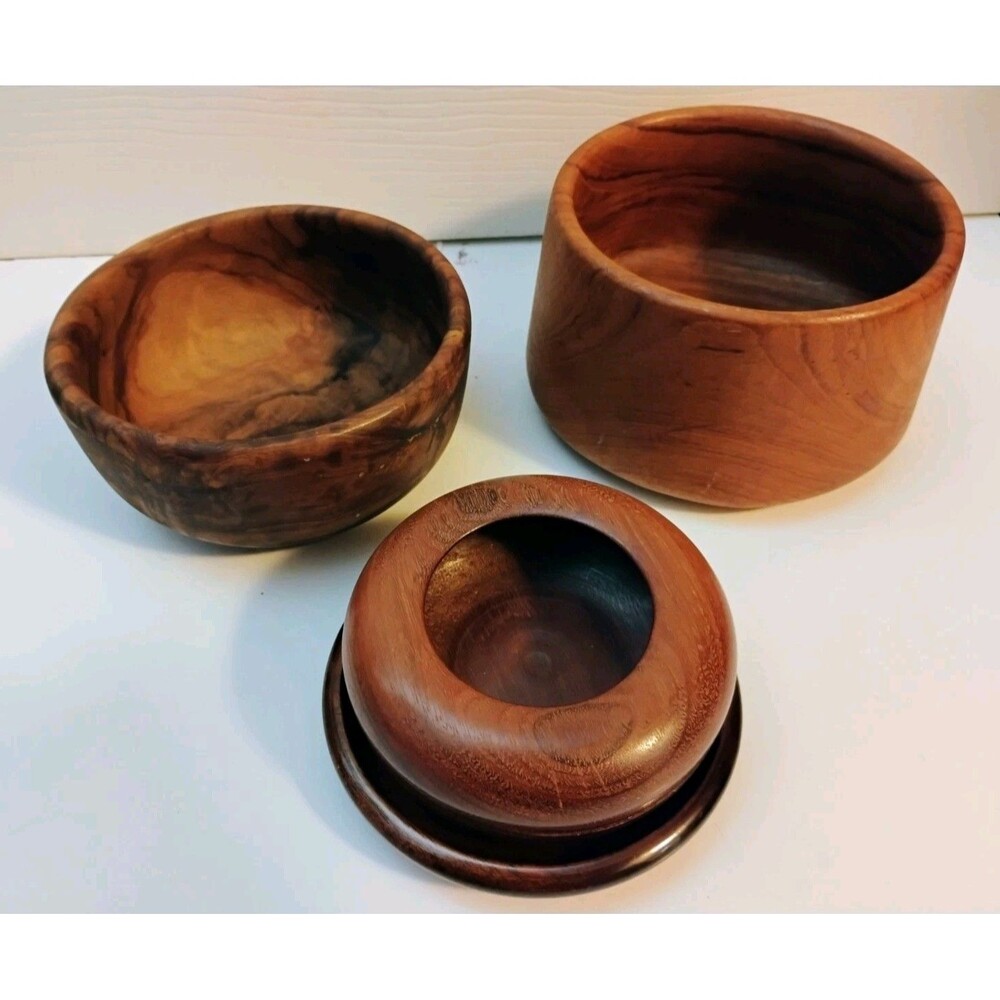 Vtg Mid Century Hand Turned Wooden Bowl Lot Myrtlewood Walnut Dishes 4Pc as-is